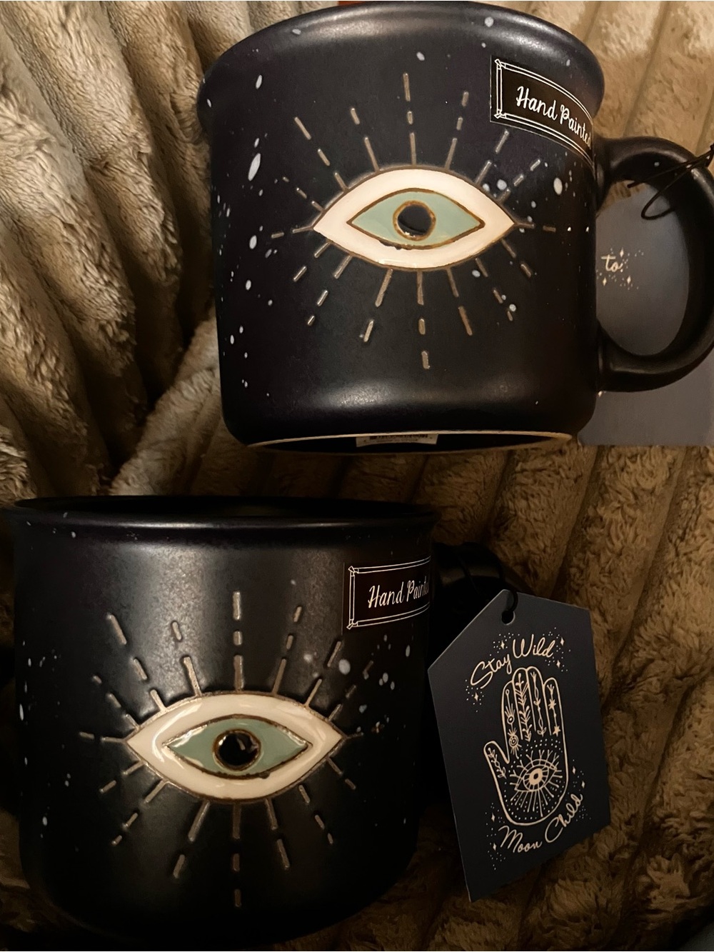 Set of 2, Hand-Painted Mystical Eye Ceramic Mug — Black with Teal Accent
